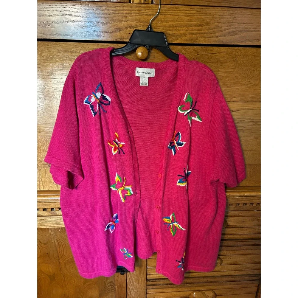 Graver Studio Y2K 3 Piece Set Butterfly Cardigan Shirt Skirt Pink Teal Fairy XL